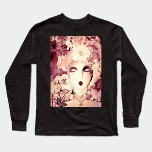 dusky pink art deco collage poster print face Long Sleeve T-Shirt